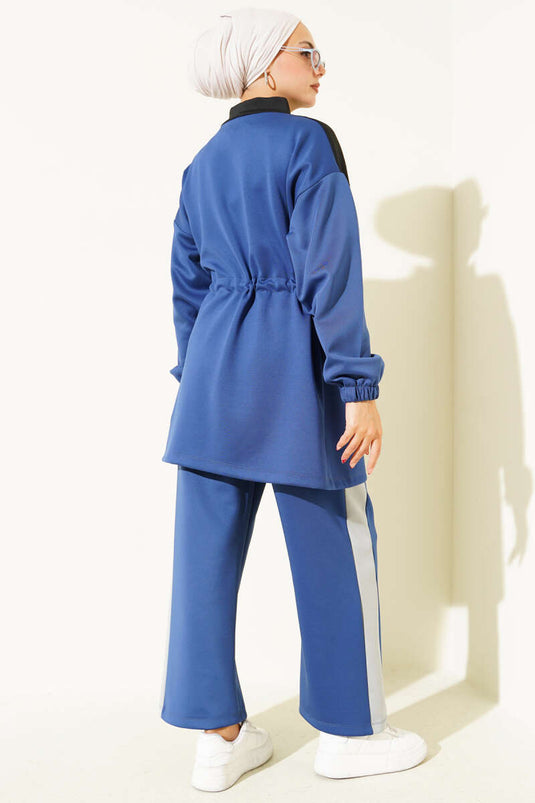 Trimmed Waist Tunnel Scuba Two-Piece Set, Navy Blue