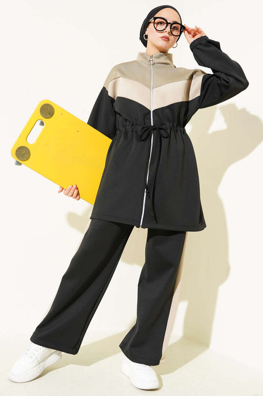 Trimmed Waist Tunnel Scuba Two-Piece Set, Black