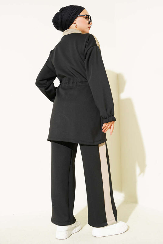 Trimmed Waist Tunnel Scuba Two-Piece Set, Black