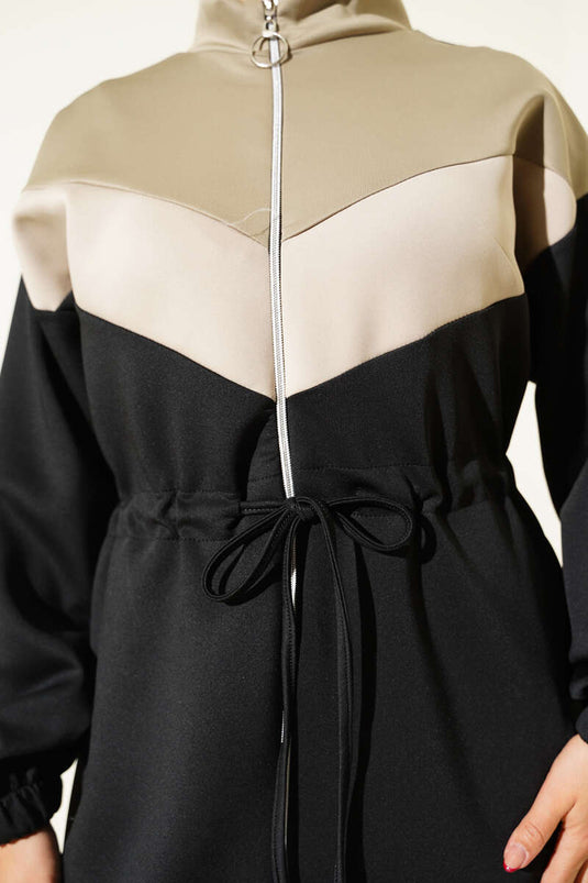 Zweiteiliges Scuba-Set mit tailliertem Tunnelzug, Schwarz