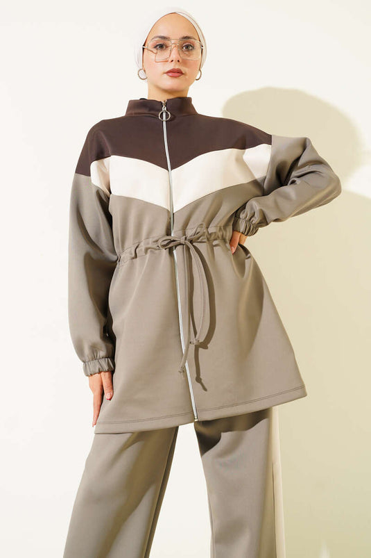 Trimmed Waist Tunnel Scuba Two-Piece Set, Mink