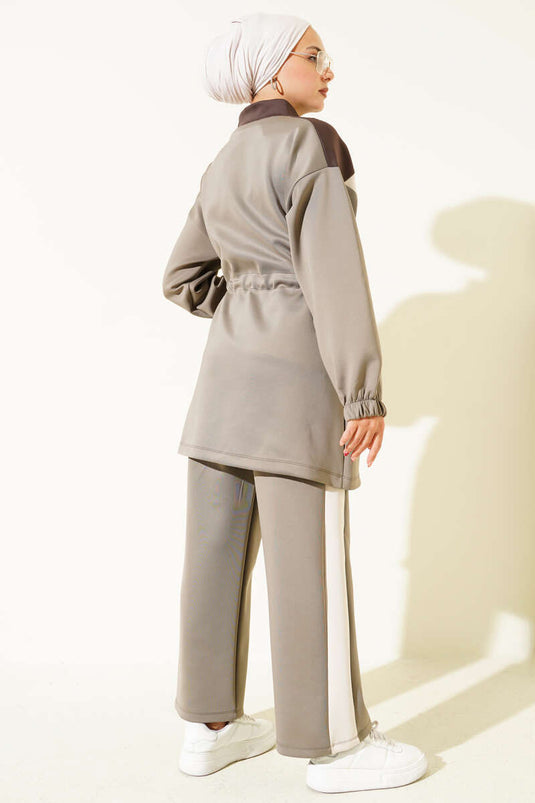 Trimmed Waist Tunnel Scuba Two-Piece Set, Mink