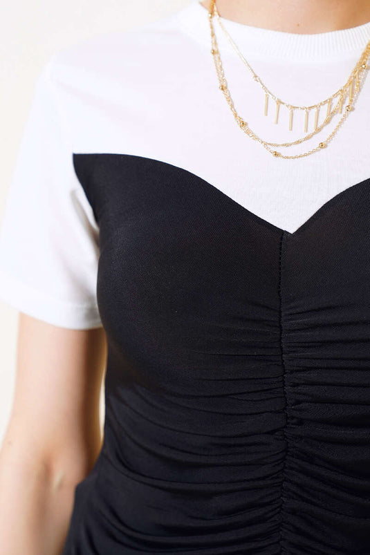 Gathered Ruffled T-shirt Black White