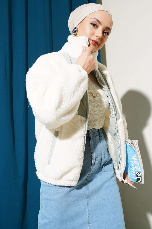 Gray Short Plush Jacket with Pockets