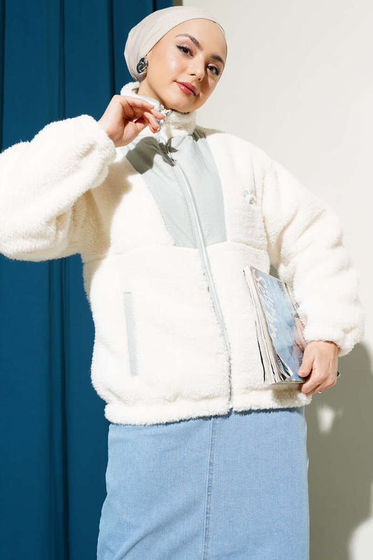 Gray Short Plush Jacket with Pockets