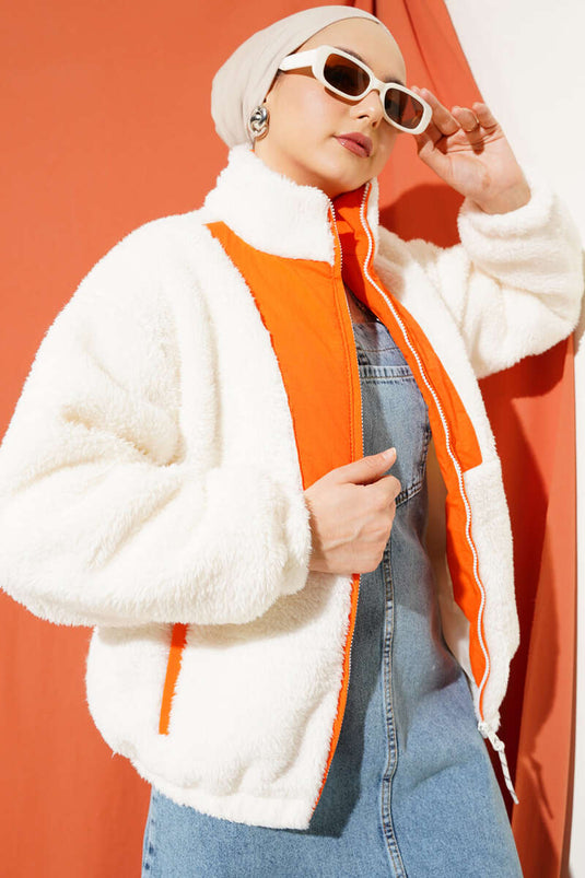 Orange Short Plush Jacket with Pockets
