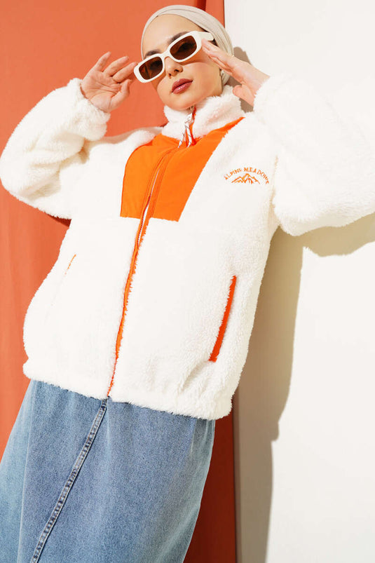 Orange Short Plush Jacket with Pockets