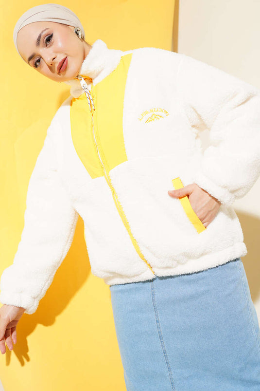 Pocketed Short Plush Jacket Yellow