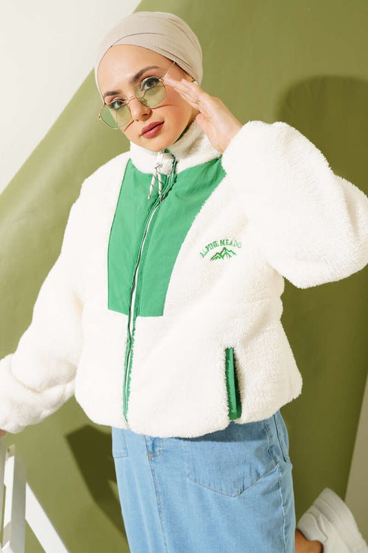 Green Short Plush Jacket with Pockets