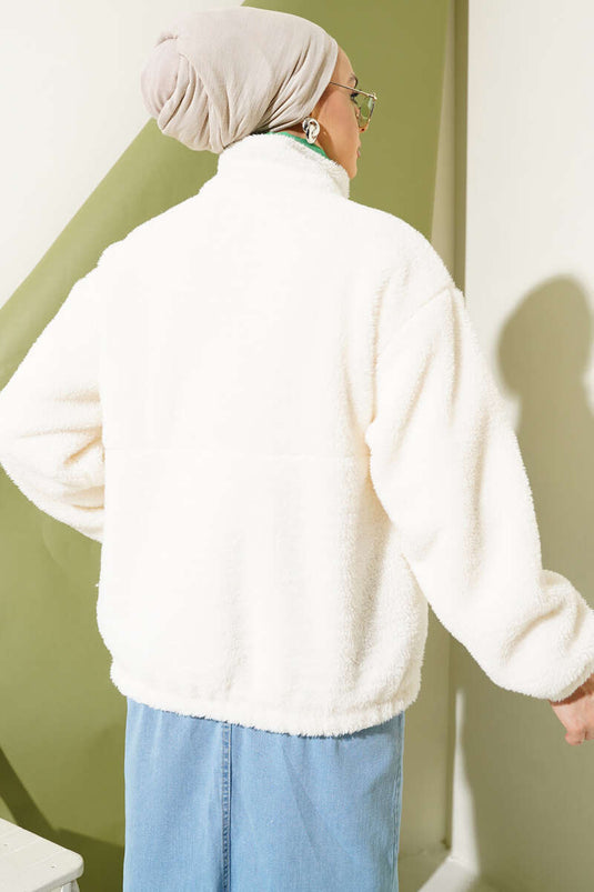 Manteau Court Peluche Poches Garnies Vert