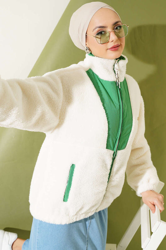 Green Short Plush Jacket with Pockets
