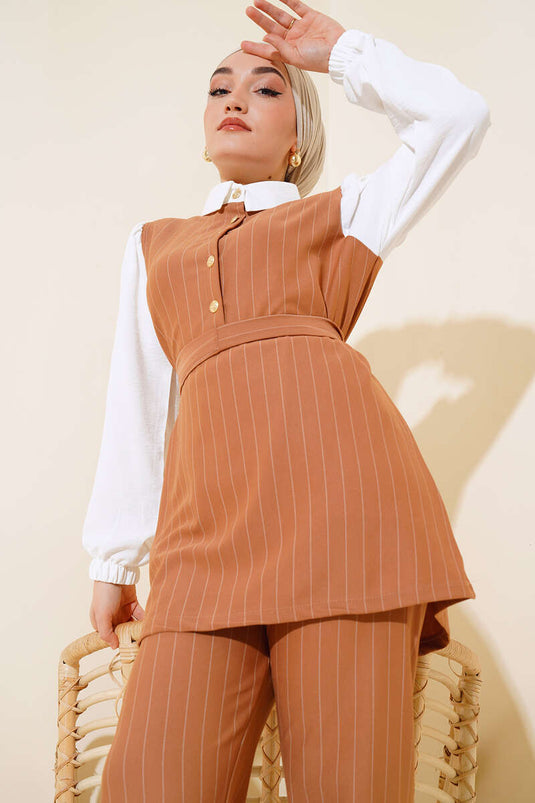 Costume Double Garni Rayé Camel