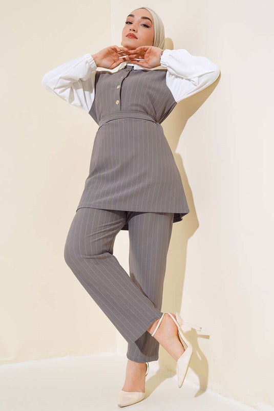 Costume Double Rayé Garni Gris