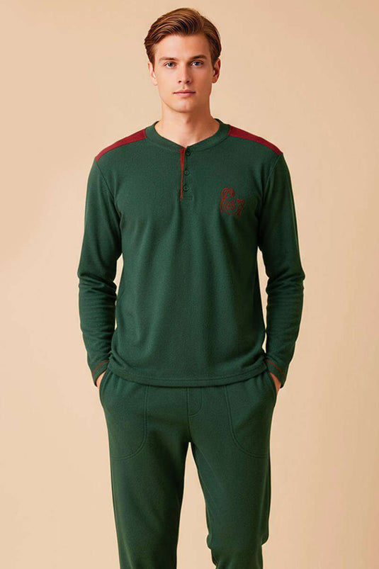 Garnili Knopdetail Fleece Heren Pyjamapakje Khaki