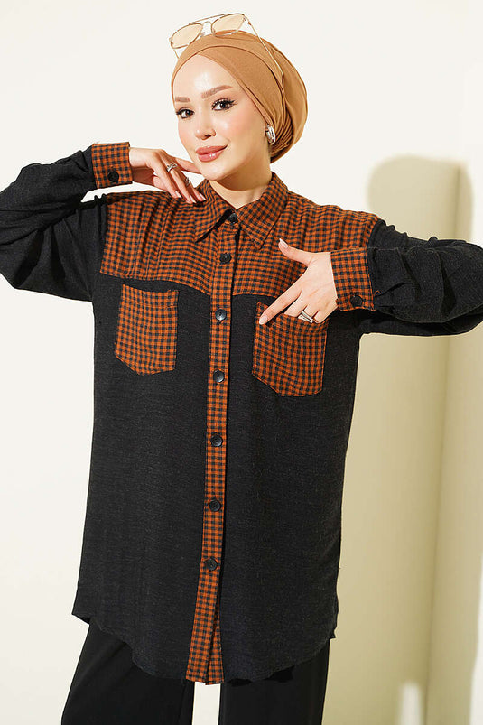 Karierte Strickbluse In Tabak