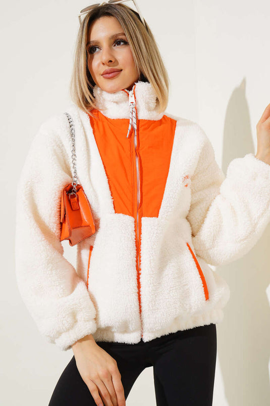 Garnished Zippered Plush Coat Orange