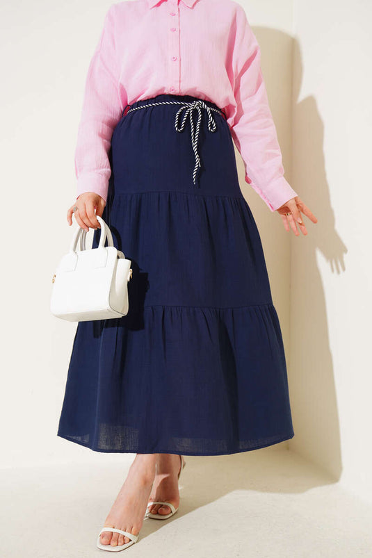 Garnili İp Kuşaklı Etek Lacivert