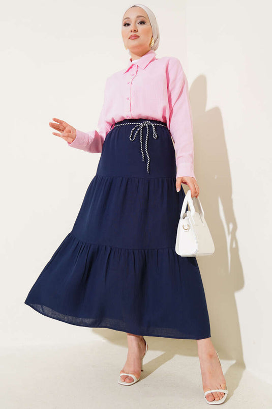 Garnished Rope Belted Skirt Navy Blue