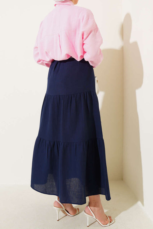 Garnished Rope Belted Skirt Navy Blue