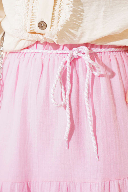 Garnished Rope Belted Skirt Pink