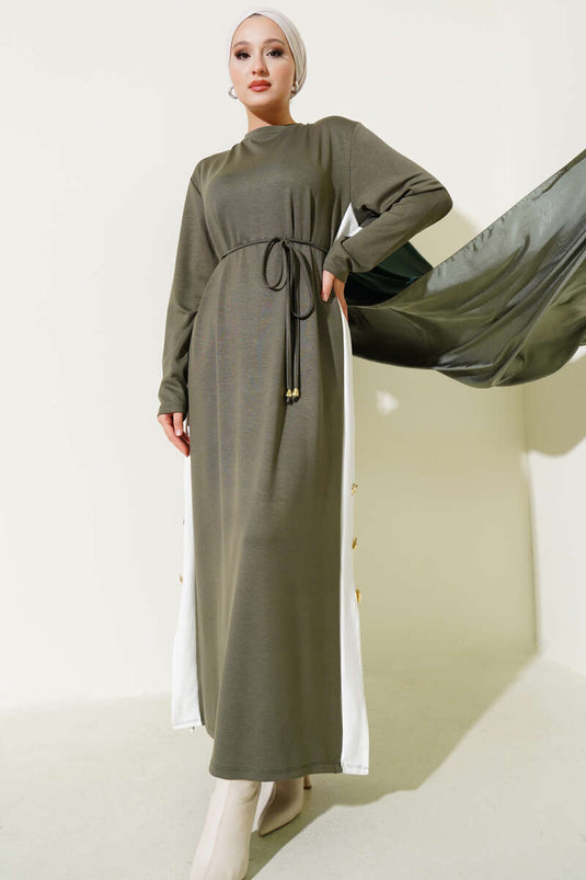 Loysha Kleid mit Seilgürtel und Garnierung in Khaki