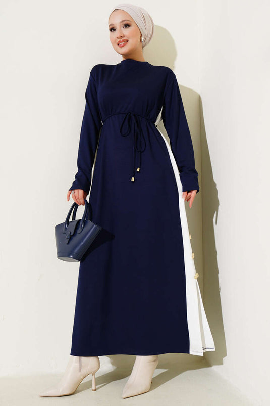 Garnished Rope Belted Loysha Dress Navy Blue