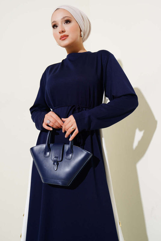 Garnished Rope Belted Loysha Dress Navy Blue