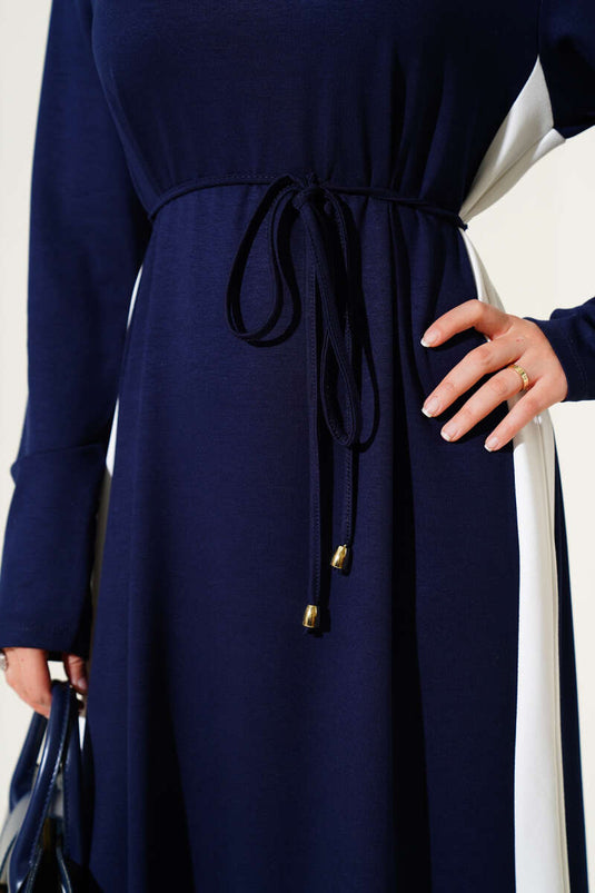 Garnished Rope Belted Loysha Dress Navy Blue