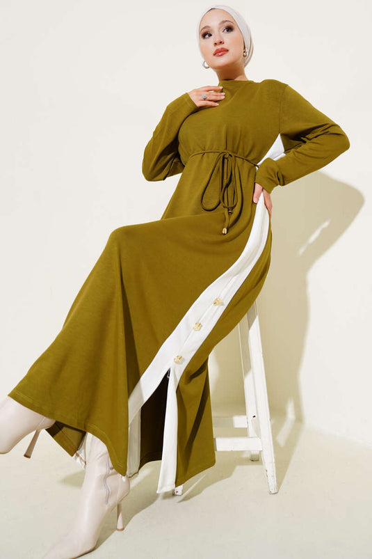 Garnished Rope Belted Loysha Dress Oil Green