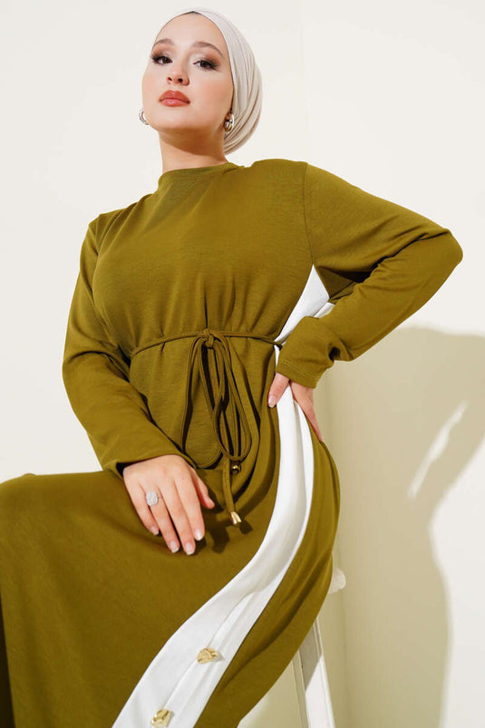 Garnished Rope Belted Loysha Dress Oil Green