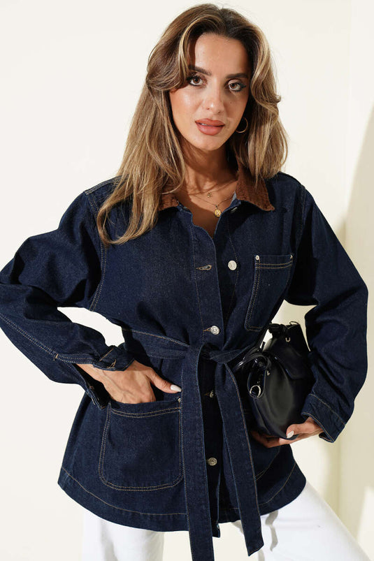 Giacca In Velluto Blu Navy Con Colletto Ricamato E Cintura