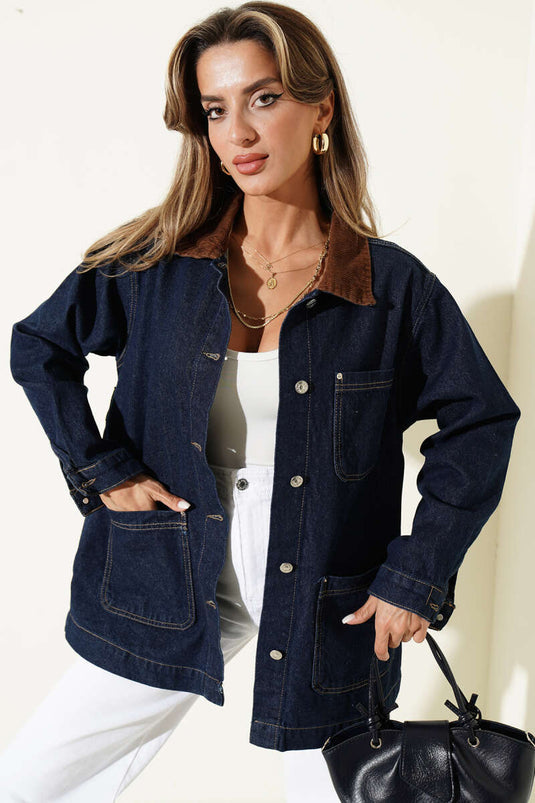 Giacca In Velluto Blu Navy Con Colletto Ricamato E Cintura
