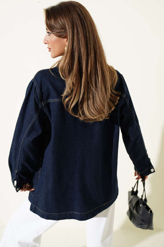 Giacca In Velluto Blu Navy Con Colletto Ricamato E Cintura