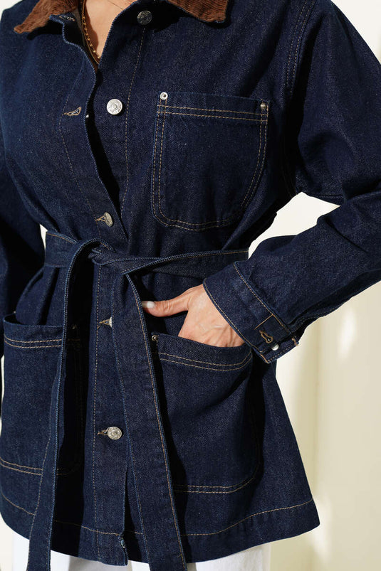 Giacca In Velluto Blu Navy Con Colletto Ricamato E Cintura