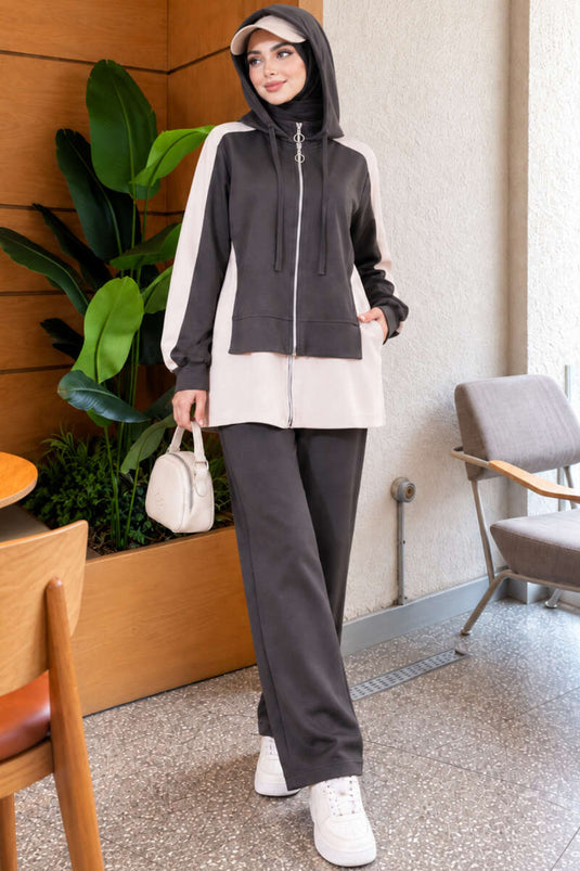 Fuzzy Hooded Wide Leg Two-Piece Set In Smoke Grey