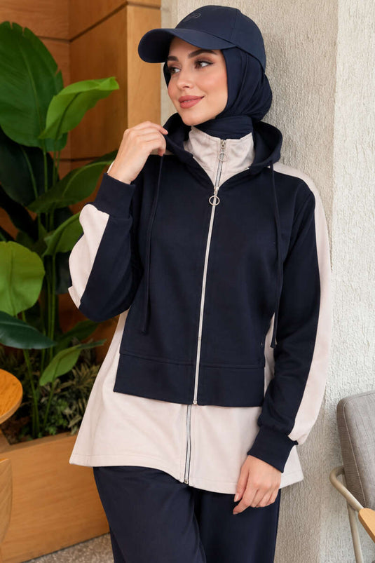 Ensemble Deux Pièces À Capuche En Tricot Marine