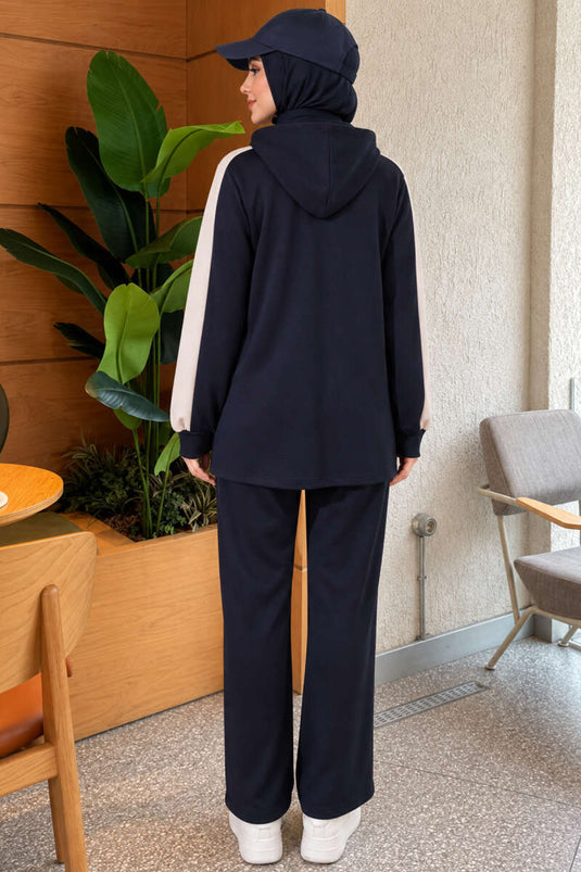 Ensemble Deux Pièces À Capuche En Tricot Marine