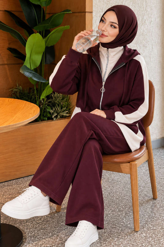 Paars Gebreid Hoodie Met Wijde Pijpen Twee-Delig Set