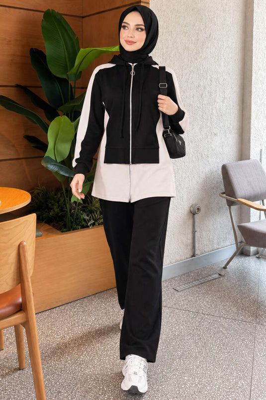 Schwarzes Strick-Hoodie Mit Weitem Bein Zweiteiliger Set