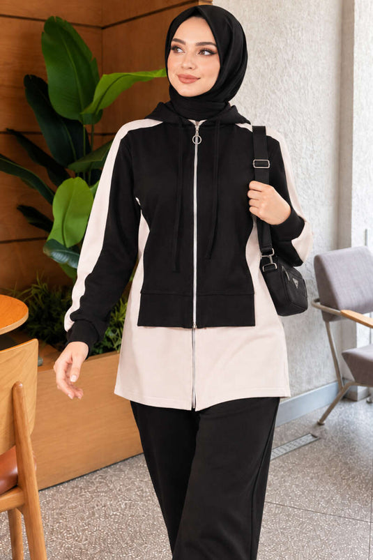 Schwarzes Strick-Hoodie Mit Weitem Bein Zweiteiliger Set