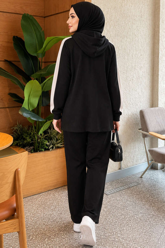 Schwarzes Strick-Hoodie Mit Weitem Bein Zweiteiliger Set
