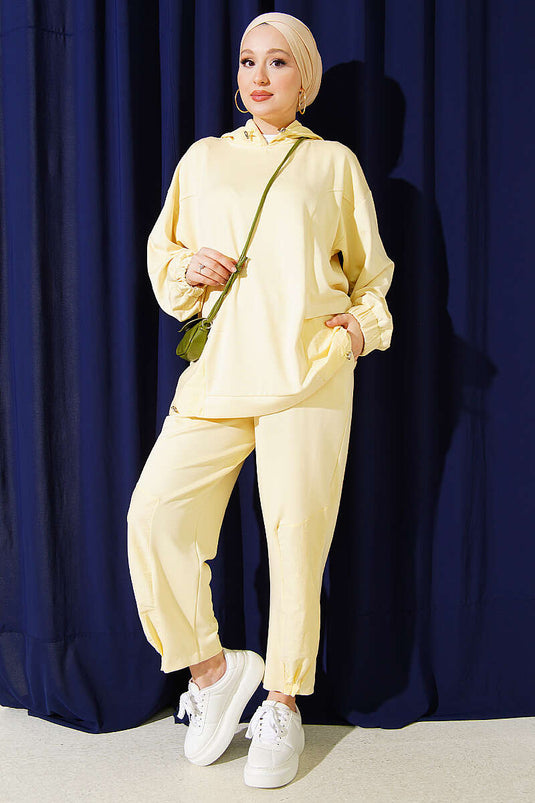 Knitted Hooded Salwar Two-Piece Set Yellow