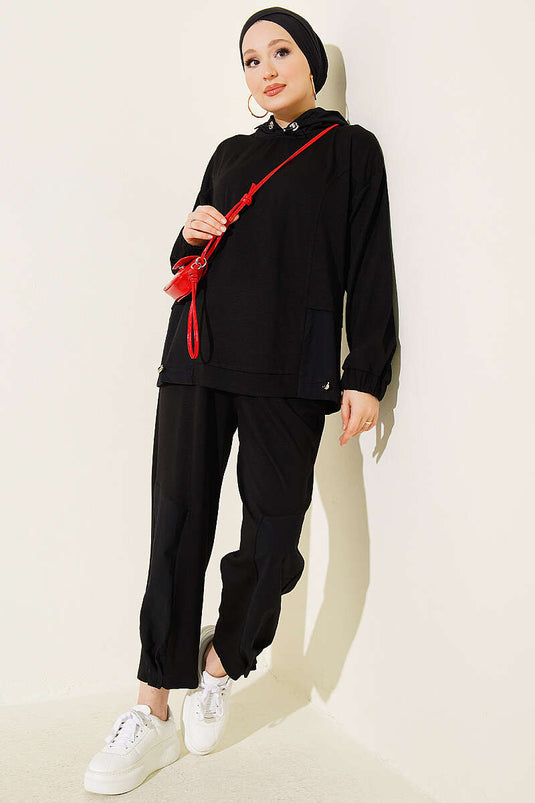 Black Knit Hoodie Shawl Suit Set