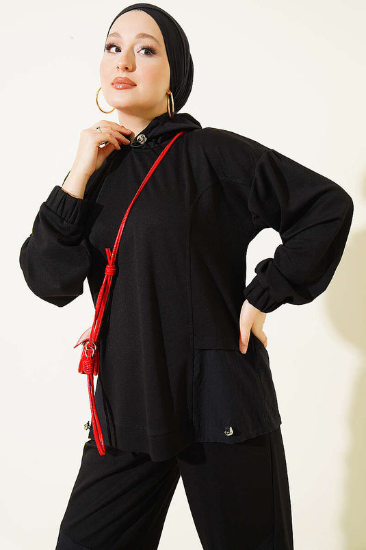 Black Knit Hoodie Shawl Suit Set