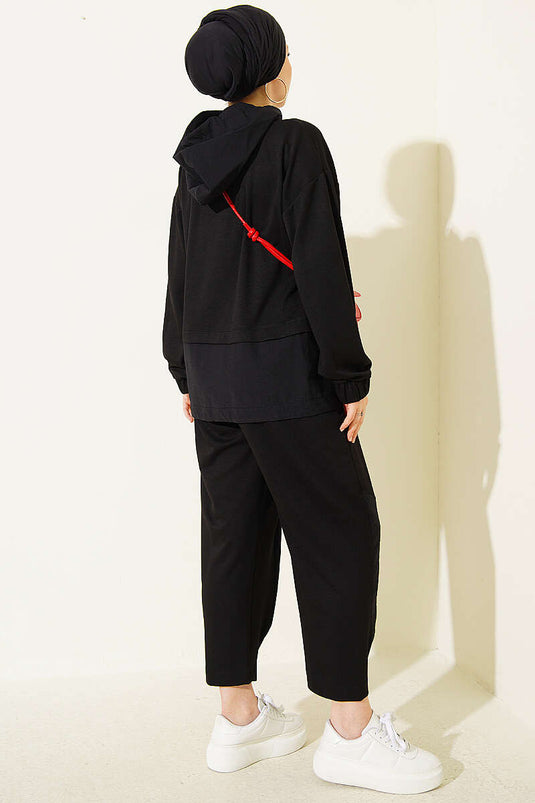 Black Knit Hoodie Shawl Suit Set