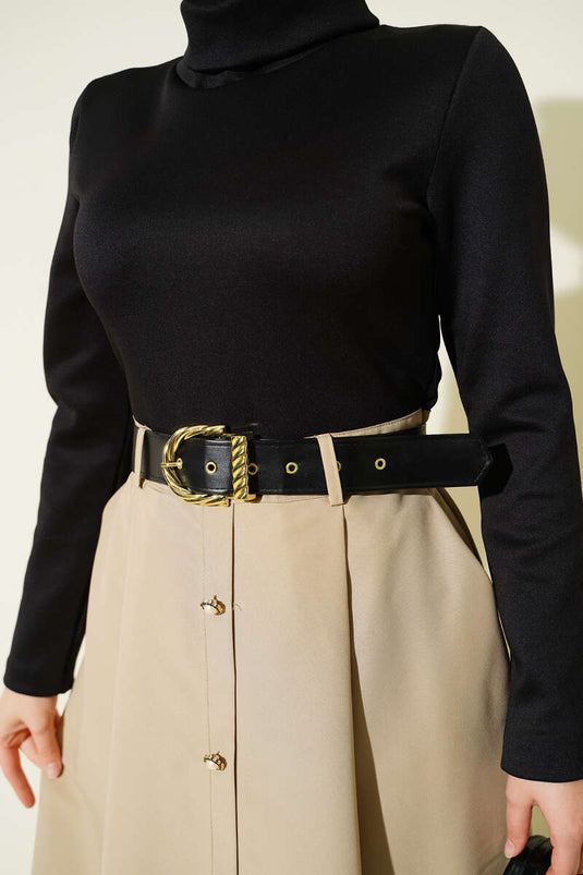 Beige Dress with Garnished Belt Detail