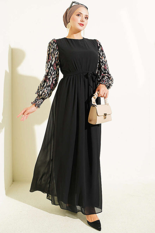 Bordeaux Muster Chiffon Kleid Mit Bestickten Ärmeln