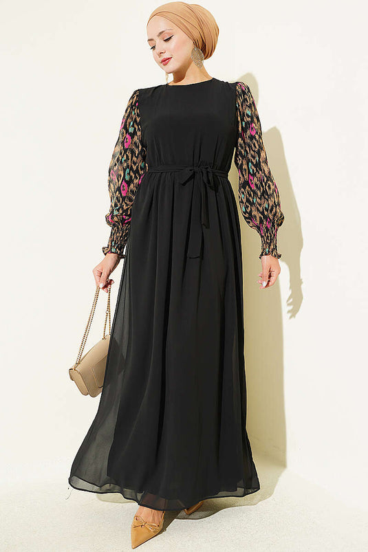 Robe En Chiffon À Manches Brodées Et Motif Latte