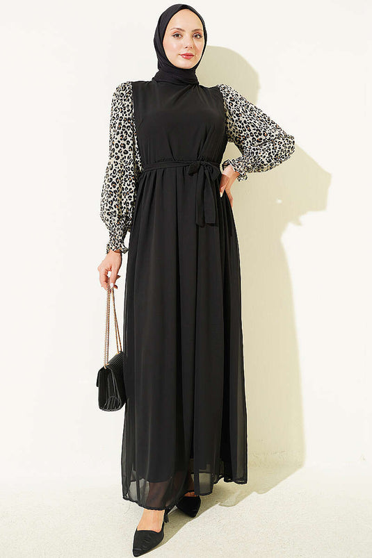 Abito In Chiffon Nero Con Maniche Ricamate E Fantasia