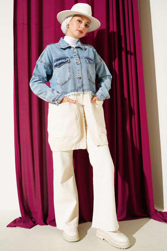 Garnished Denim Knit Cardigan Denim Blue